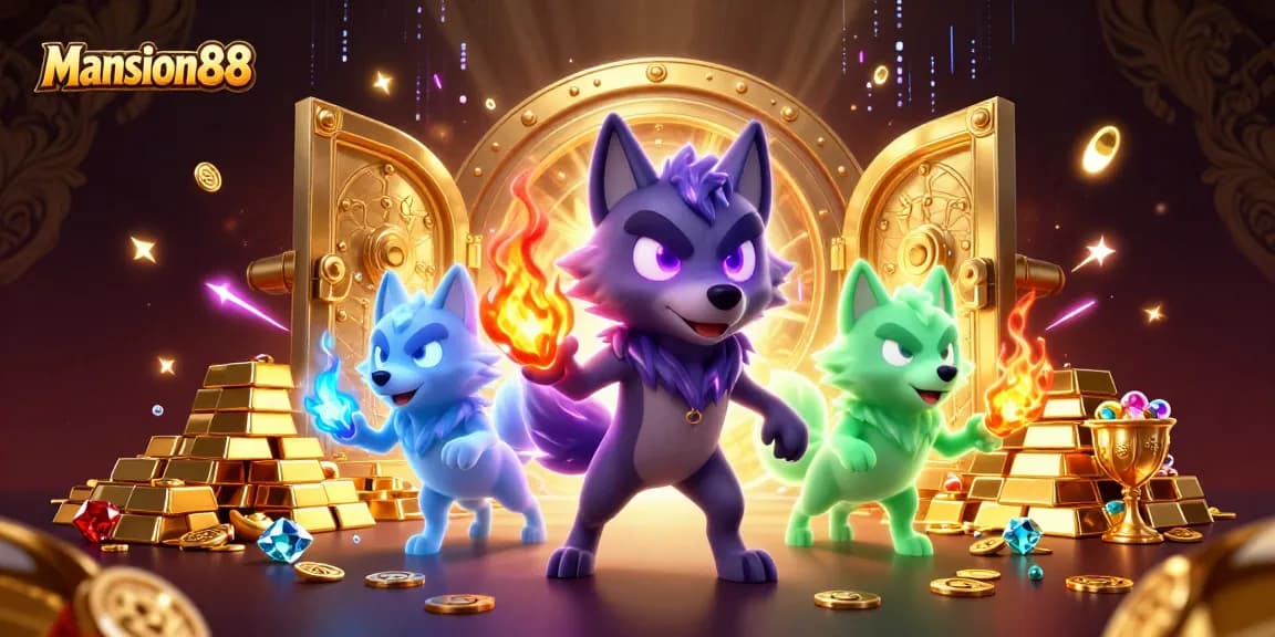Experience thrilling gameplay at Mansion88 with wolves guarding treasure in a vibrant casino scene.