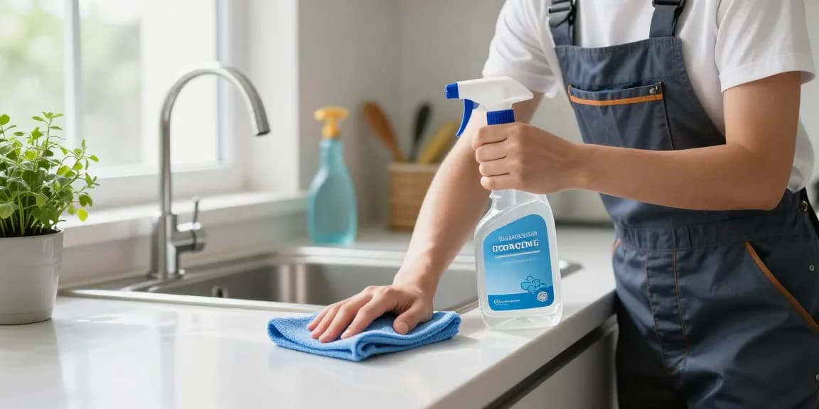 Eco-friendly cleaning in action at https://atscleaning.co.uk/, showcasing meticulous countertop cleaning.