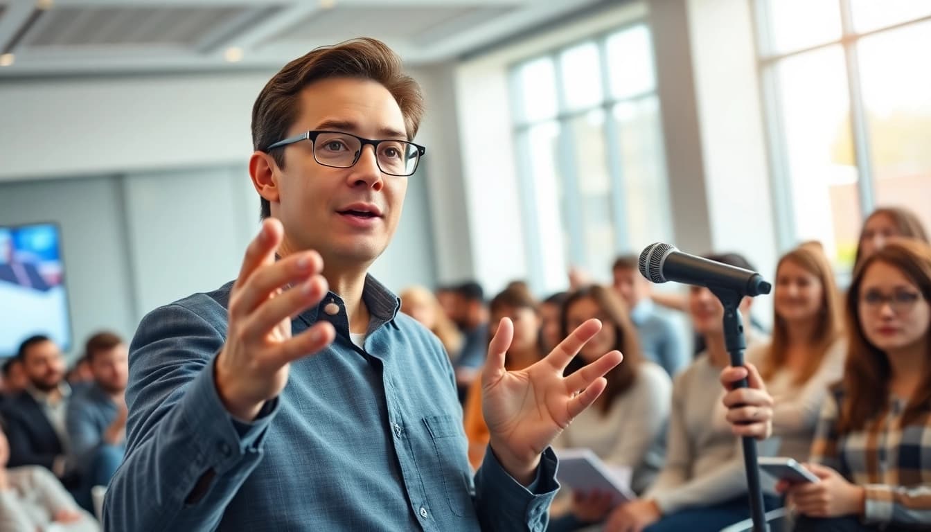 Public Speaking Training session with an engaging speaker captivating an audience.
