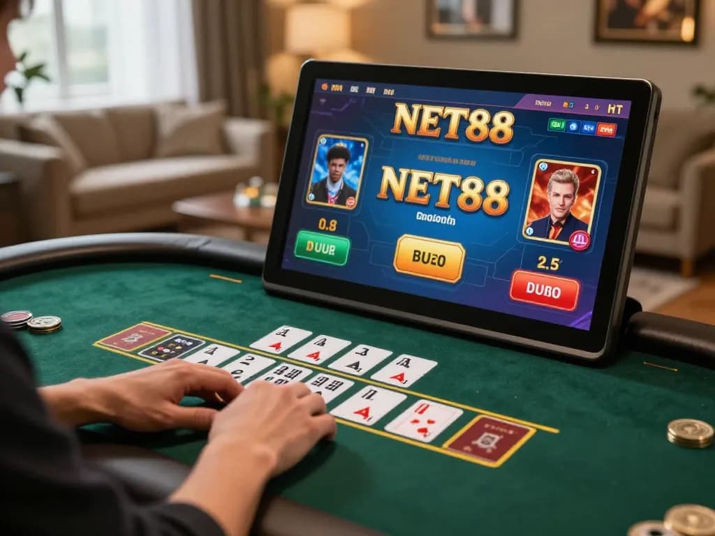 Baccarat NET88 game being played on a touchscreen with detailed cards and betting options visible, capturing the online casino experience.