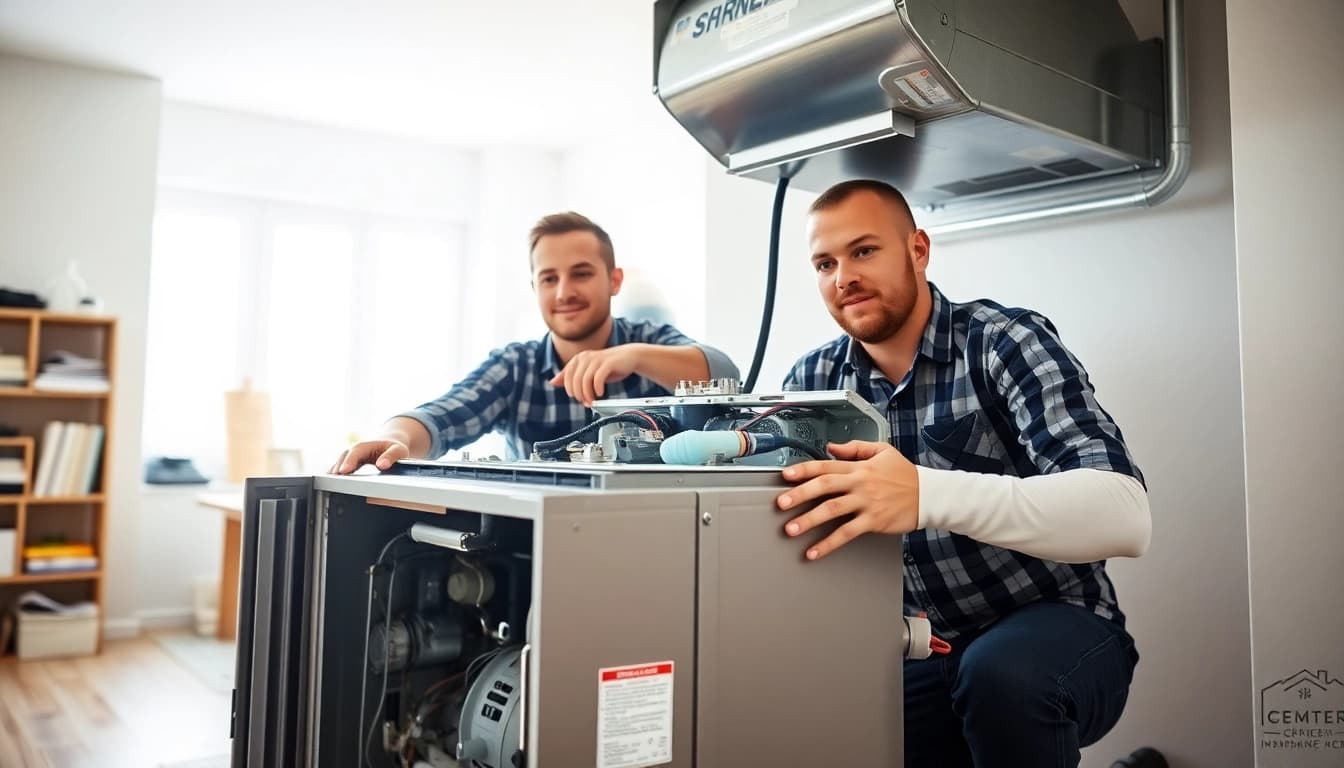Technicians performing furnace installation st. paul with precision in a modern home.