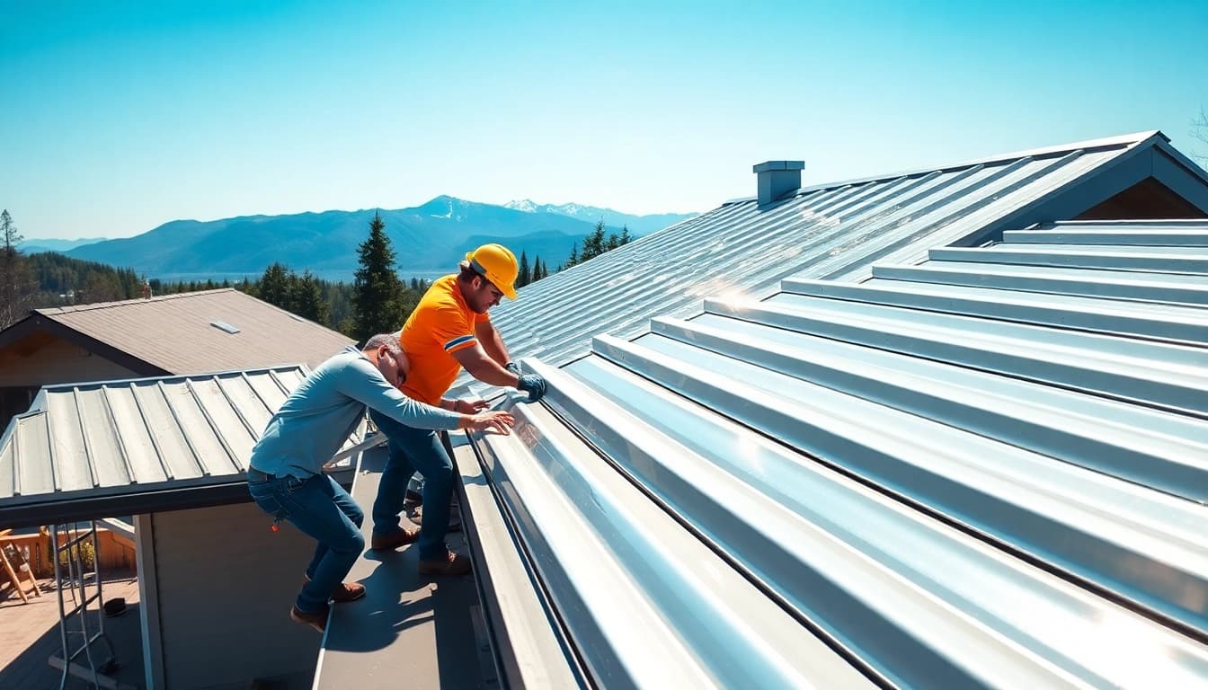 Enhance your home's appeal with metal roofing vancouver, showcasing professionals at work on a modern home.