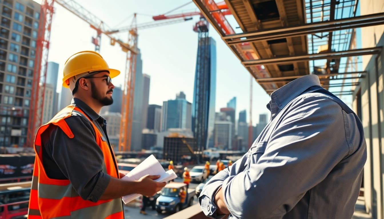 The New York City Commercial General Contractor directs a bustling construction site with cranes and blueprints.