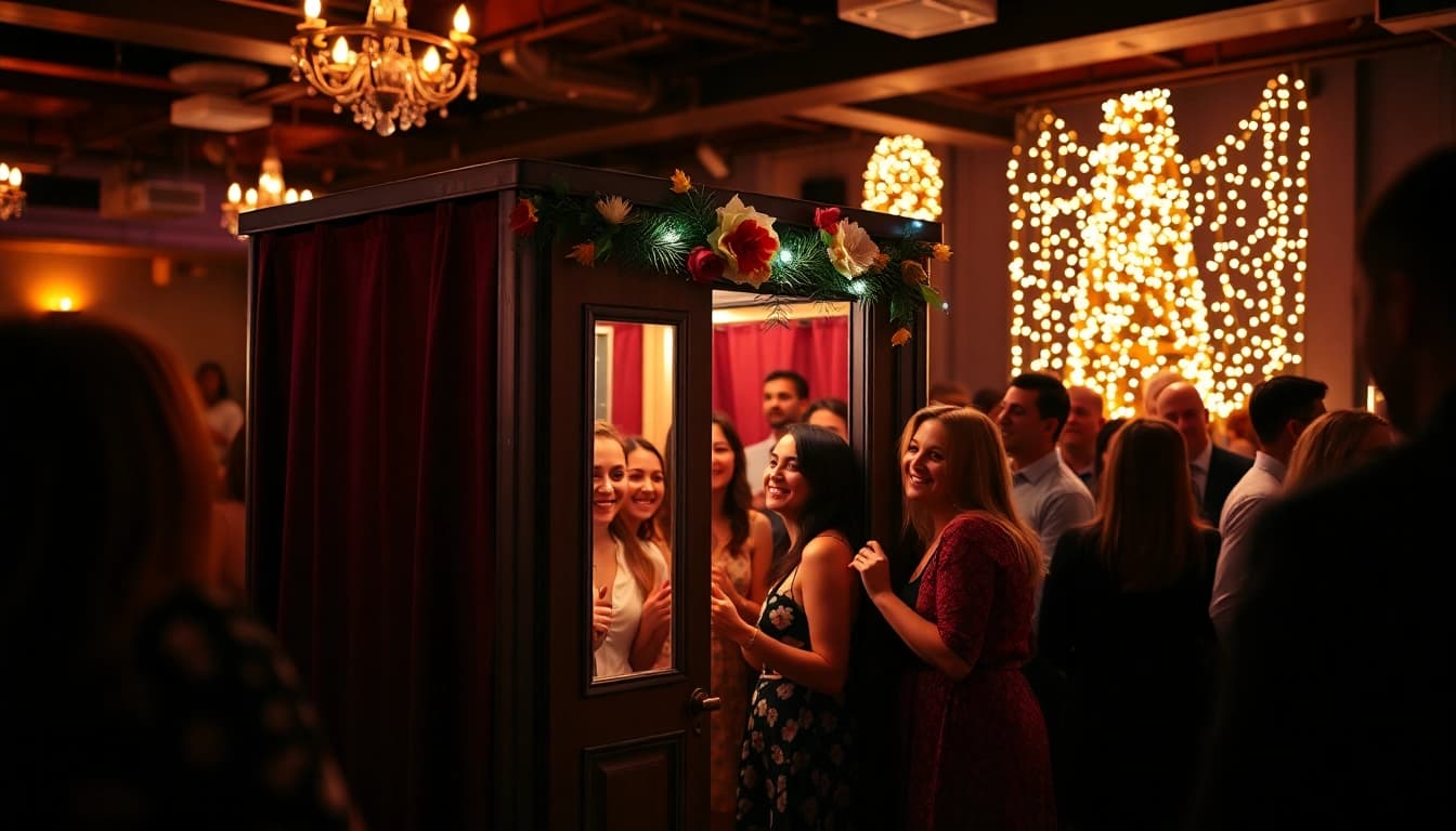 Enjoying the vibrant photo booth Chicago experience with friends and festive decorations.