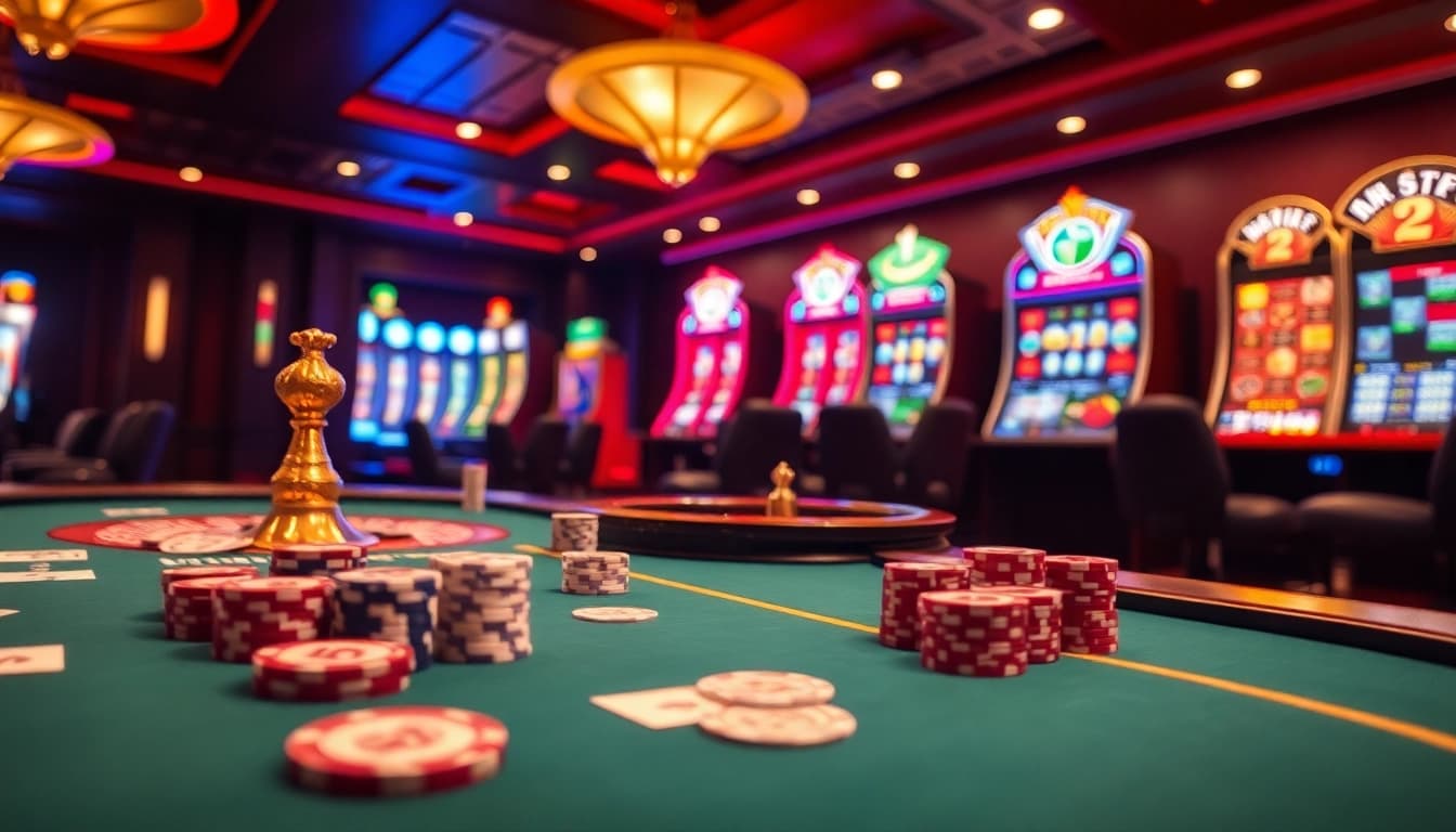 Engaging scene at a luxurious casino showcasing rik vip gaming elements with poker chips and roulette wheel.