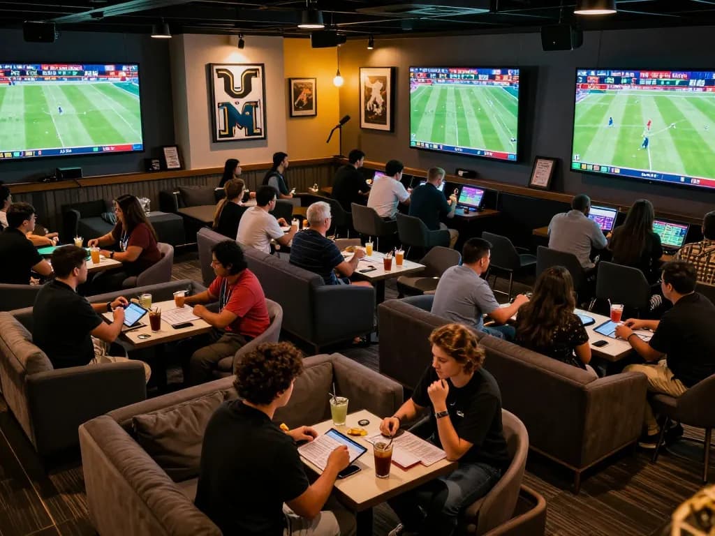 KÈO TRỰC TUYẾN bettors engaging with live odds and matches in an upscale sports lounge.