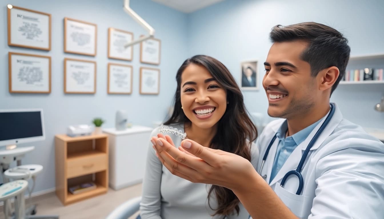ウィスマイル矯正 口コミ depicting a welcoming orthodontic clinic with a satisfied patient and a friendly orthodontist.