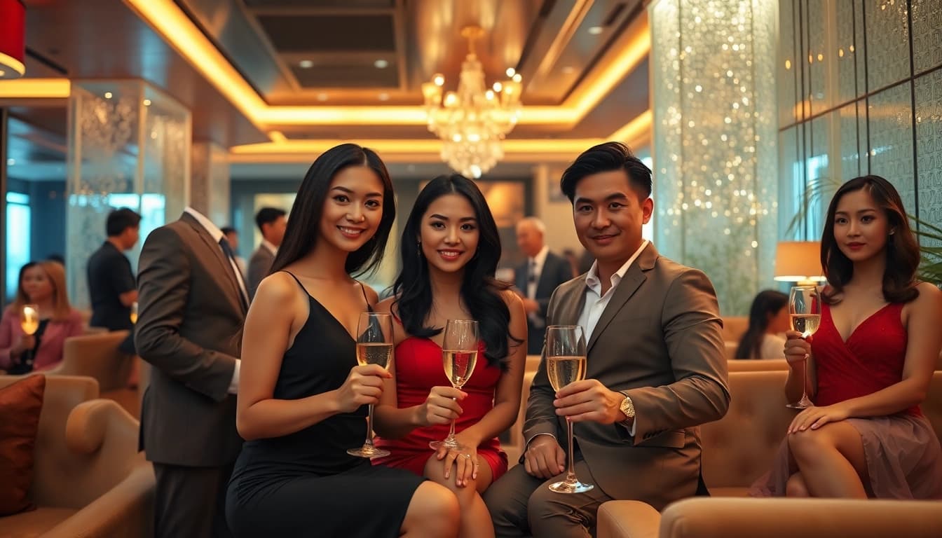 Luxurious Singapore escort service scene featuring elegant companions in a high-end lounge.