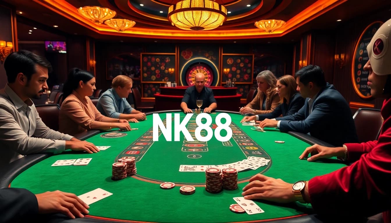 Players strategizing at a luxurious NK88 casino poker table with vibrant chips and cards.