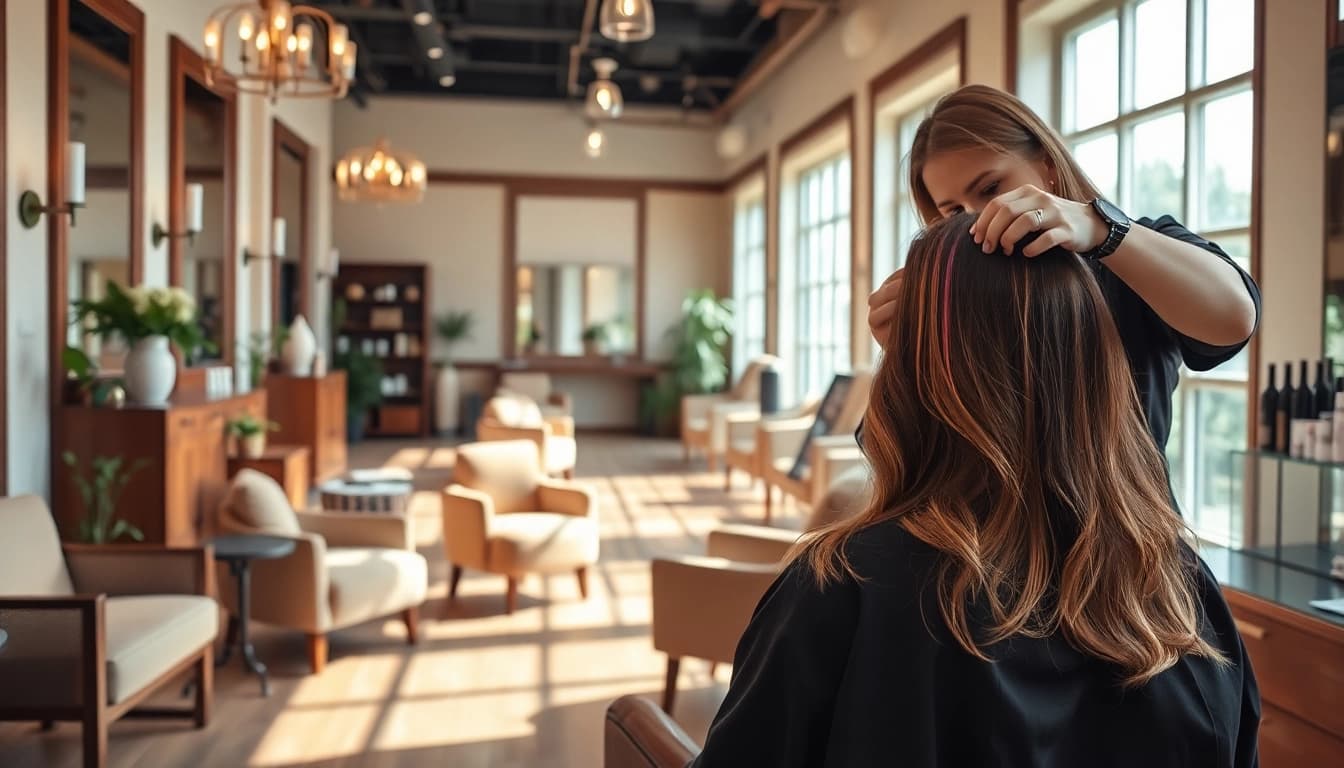 Best hair salon San Diego featuring a stylist applying highlights in a serene, elegant environment.