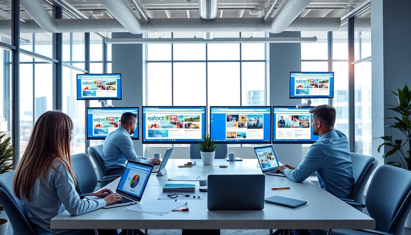 Professional web design team collaborating on SEO-friendly website projects