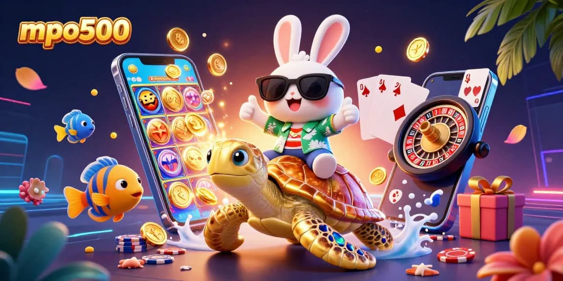 Catch exciting wins at mpo500 with a vibrant 3D illustration of a lucky rabbit and golden turtle.