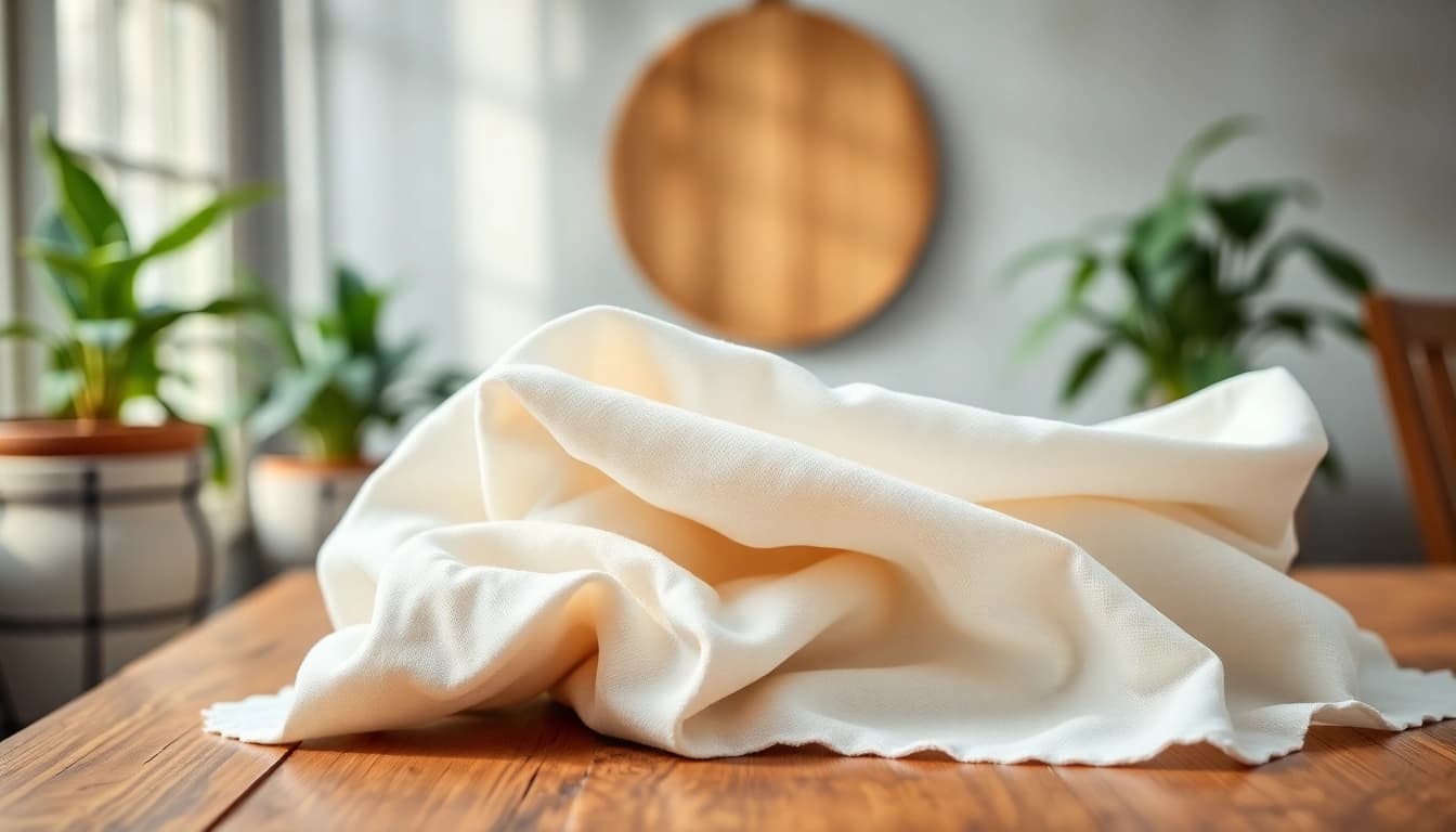 Bekijk katoen stof liggend op een houten tafel met gedetailleerde texturen.