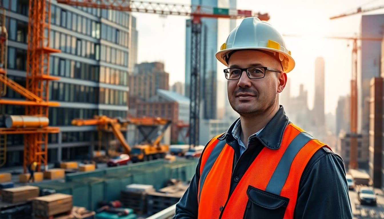 New York City Construction Manager supervising a busy urban site with cranes and workers.