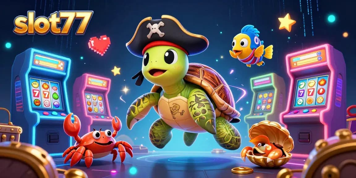 Putaran slot77 yang gacor dengan simbol buah dan jackpot mengelilingi karakter lucu di bawah laut.