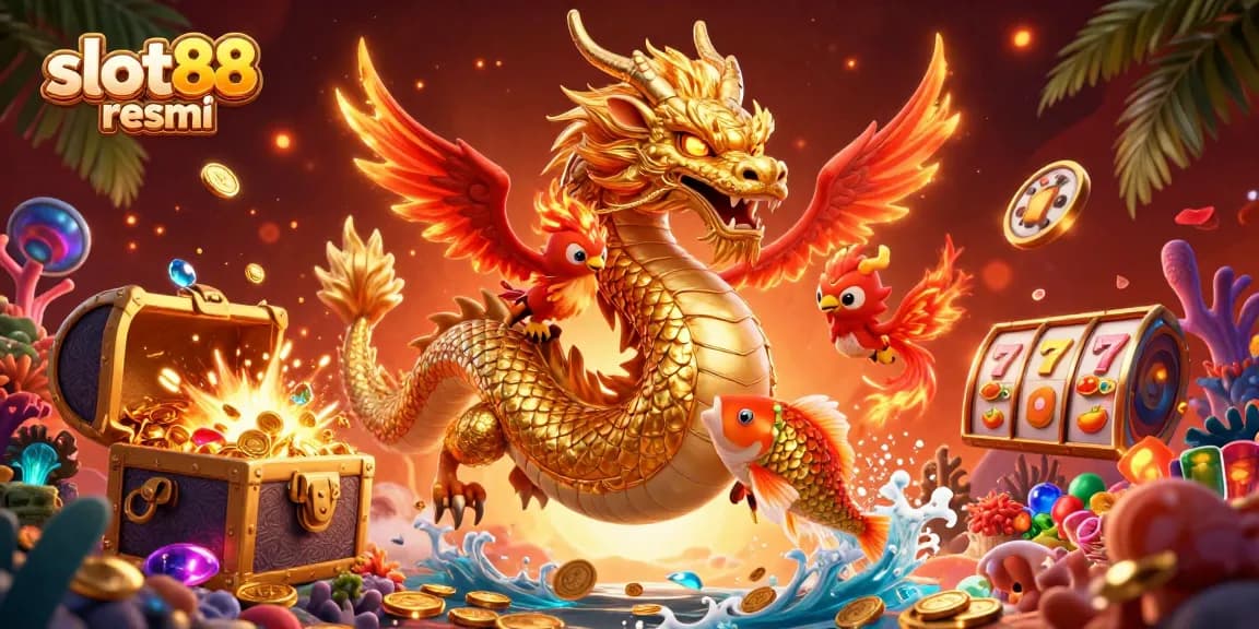 Rasakan slot88 resmi dengan naga dan phoenix yang menawan dalam adegan kasino digital 3D yang hidup.