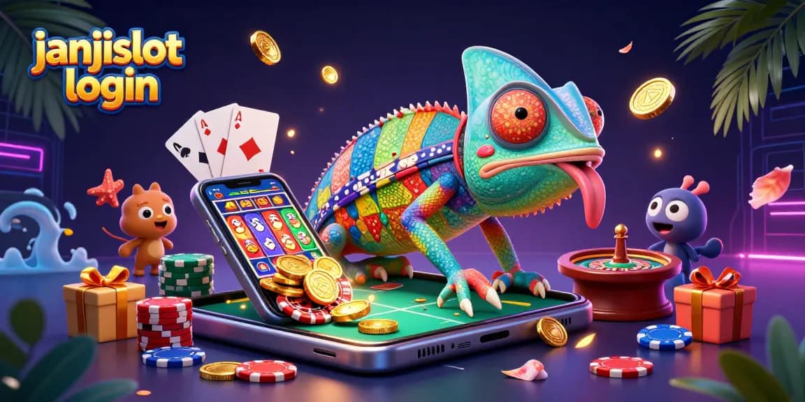 Experience gambling excitement with janjislot login, where a colorful chameleon owner interacts with vibrant slot games.