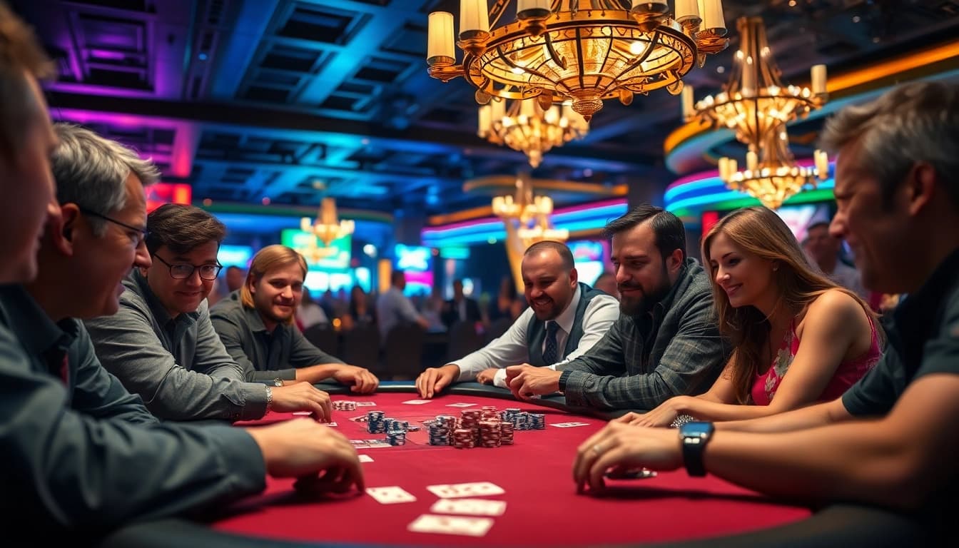 Engaged players enjoying poker at 8win Malaysia's casino with vibrant atmosphere.