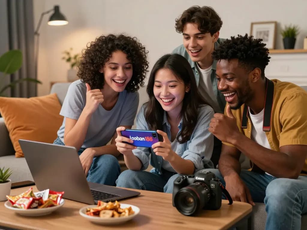Sahabat menikmati belanja online dengan penawaran laoban188 di ruang tamu yang nyaman.