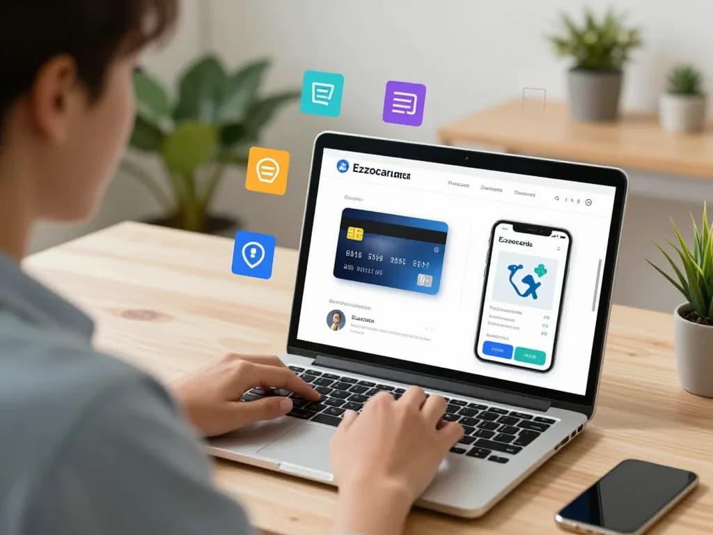 Ezzocards interface showcased by a user exploring virtual card services on a laptop in a modern workspace.