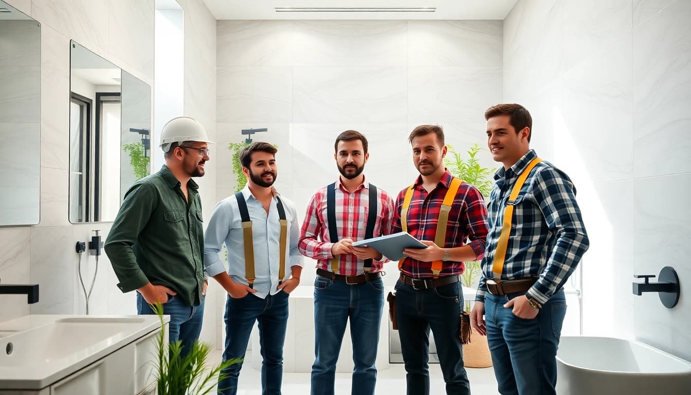 Skilled bathroom contractors near me collaborating in a modern bathroom renovation project.