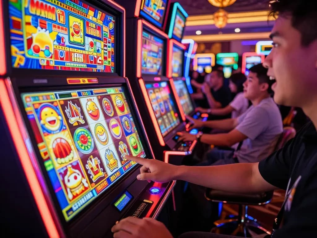 Player engaging with slot gacor thailand machines in a lively casino environment, capturing thrilling gaming action.