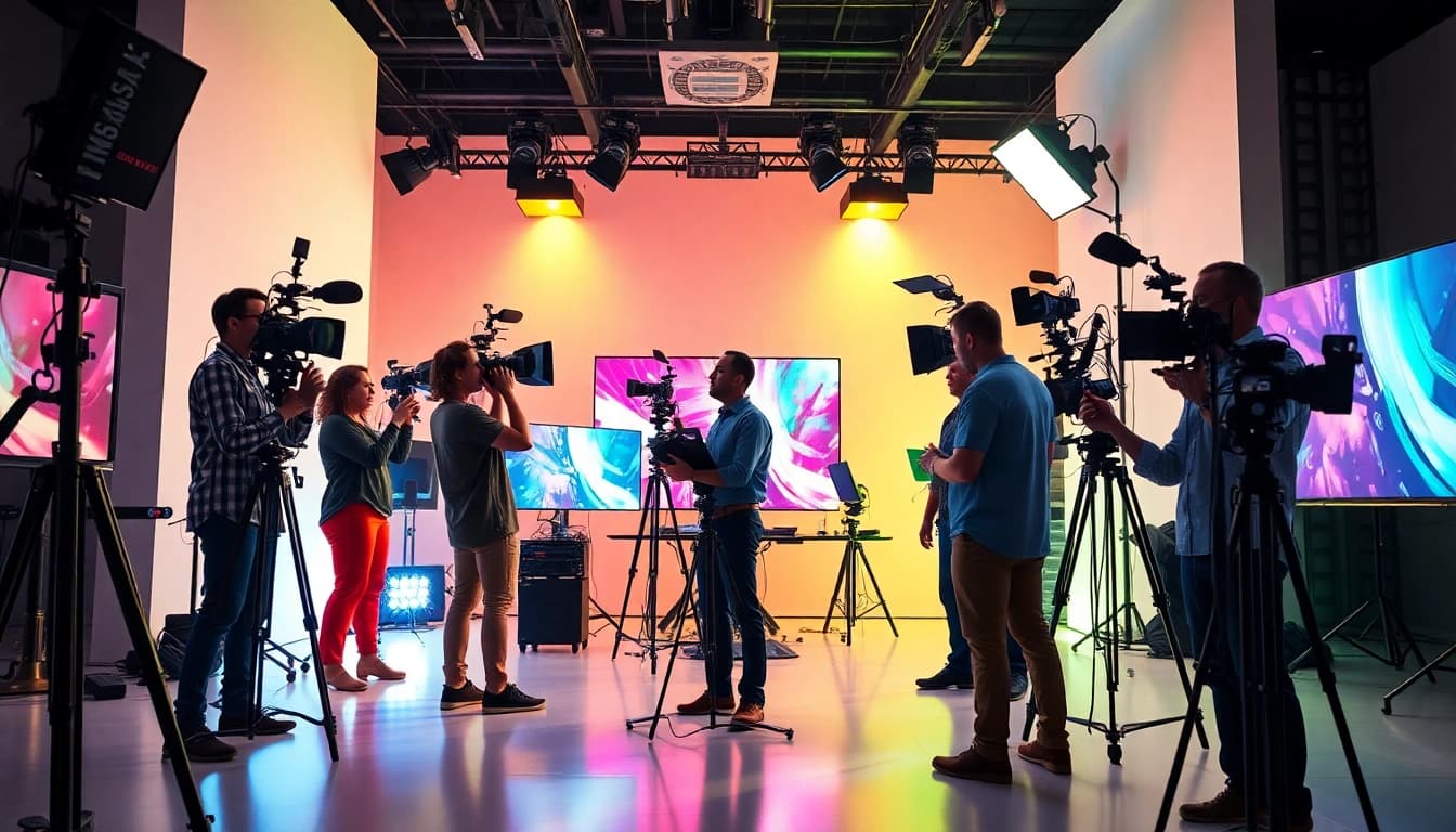 Capture the energy of Corporate Video Production team collaborating in a modern studio.