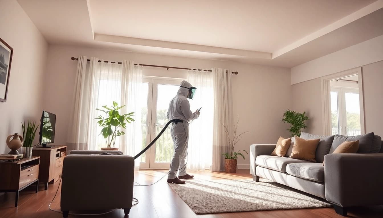 Technician performing bed bug heat treatment with advanced equipment in a modern living room.