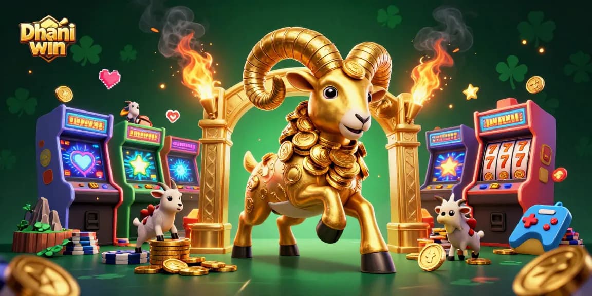 Dhani win showcases exciting gameplay with a golden ram charging through a vibrant casino atmosphere.
