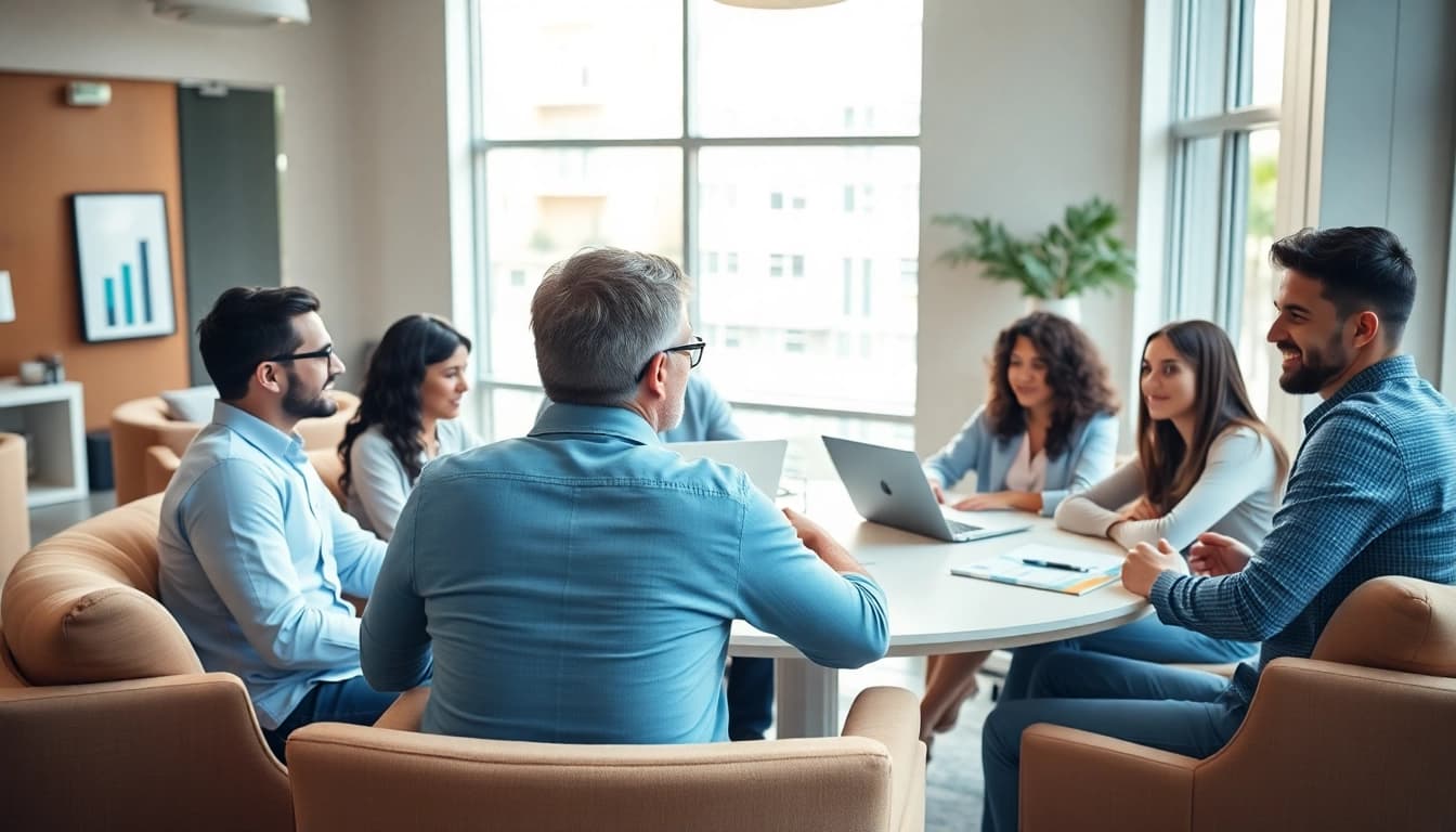 Business coach Los Angeles engages clients in a collaborative conversation in a modern office.
