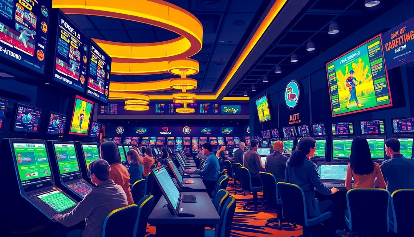 Engaging view of sportsbooks in Oklahoma with vibrant casino lights and diverse bettors.