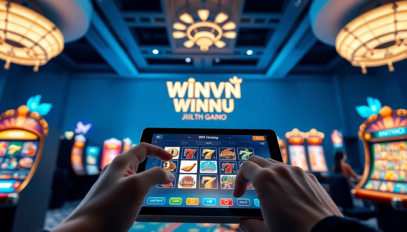 Cổng game cá cược Winvn showcasing a vibrant gaming interface on a tablet, inviting players to join.