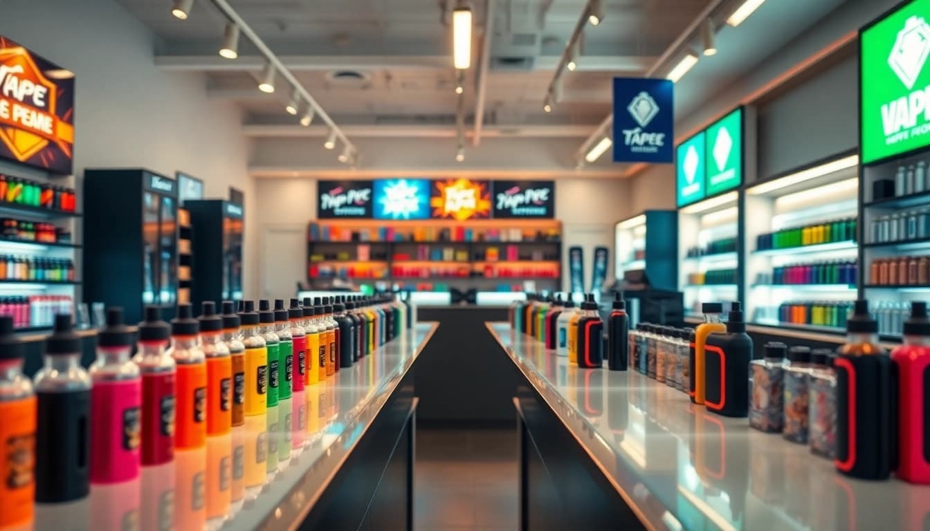 Showcasing diverse products at Vape Juice Depot, a vibrant vape shop bustling with activity.