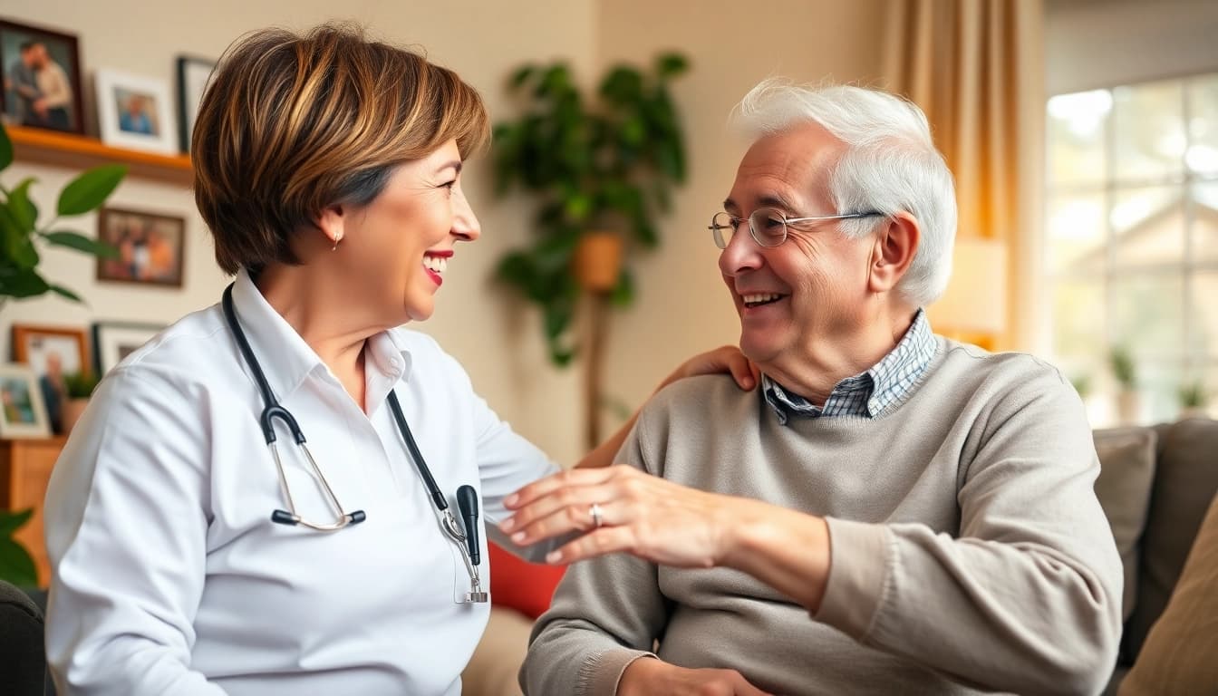 Engaging senior care austin tx scene with caregiver helping an elderly man in a warm setting.