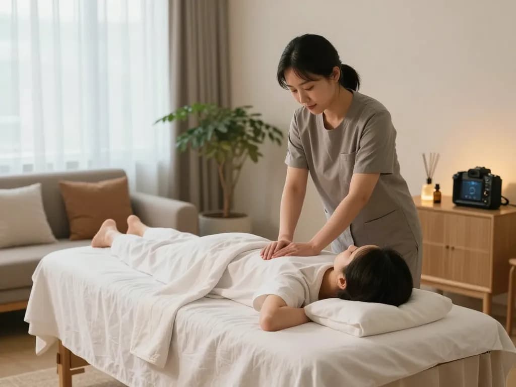 부천 출장마사지 session in a calming home setting with therapist and client relaxing.