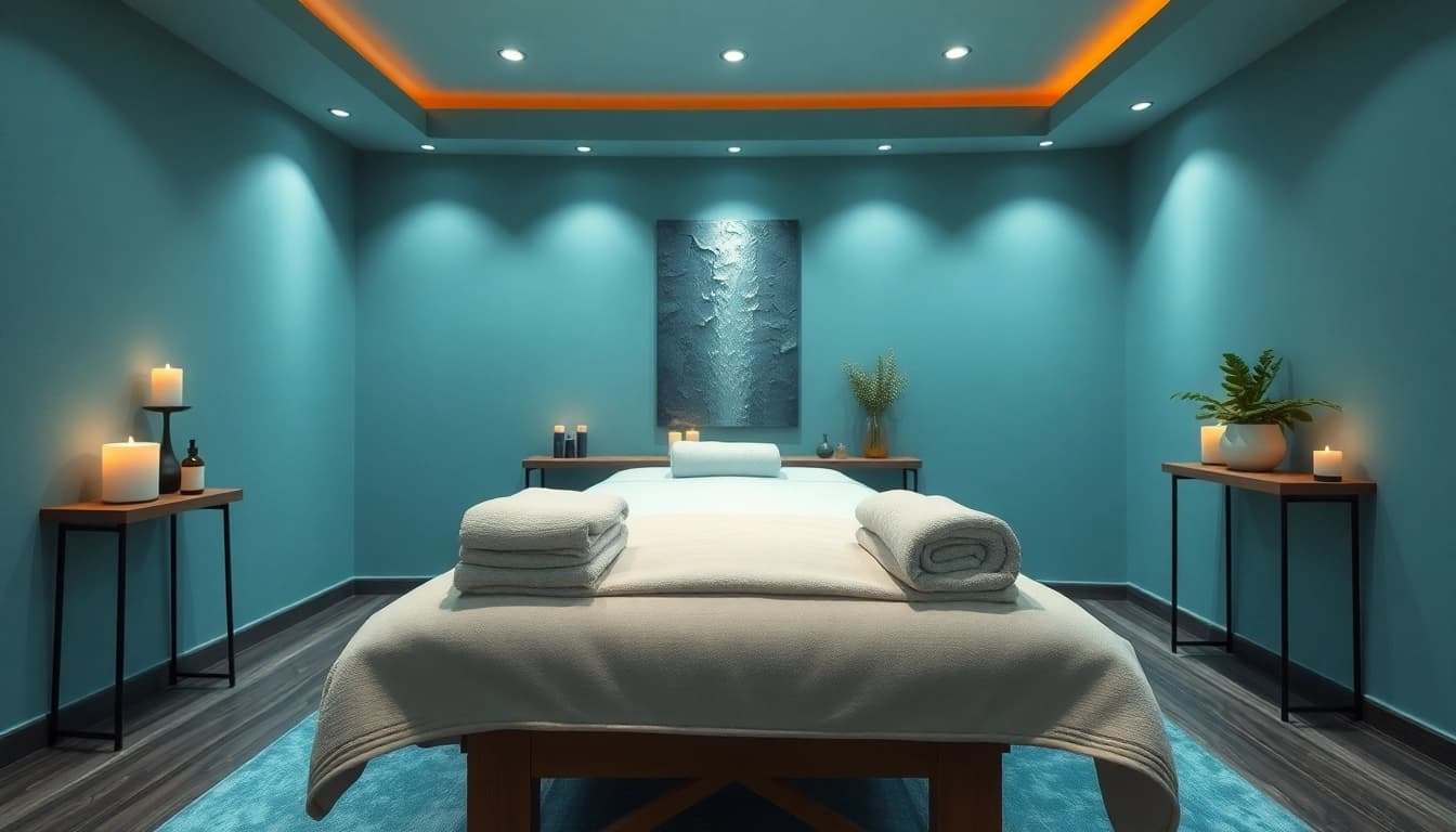 Relaxing massage therapy room for 출장마사지 with calming decor and ambient lighting.