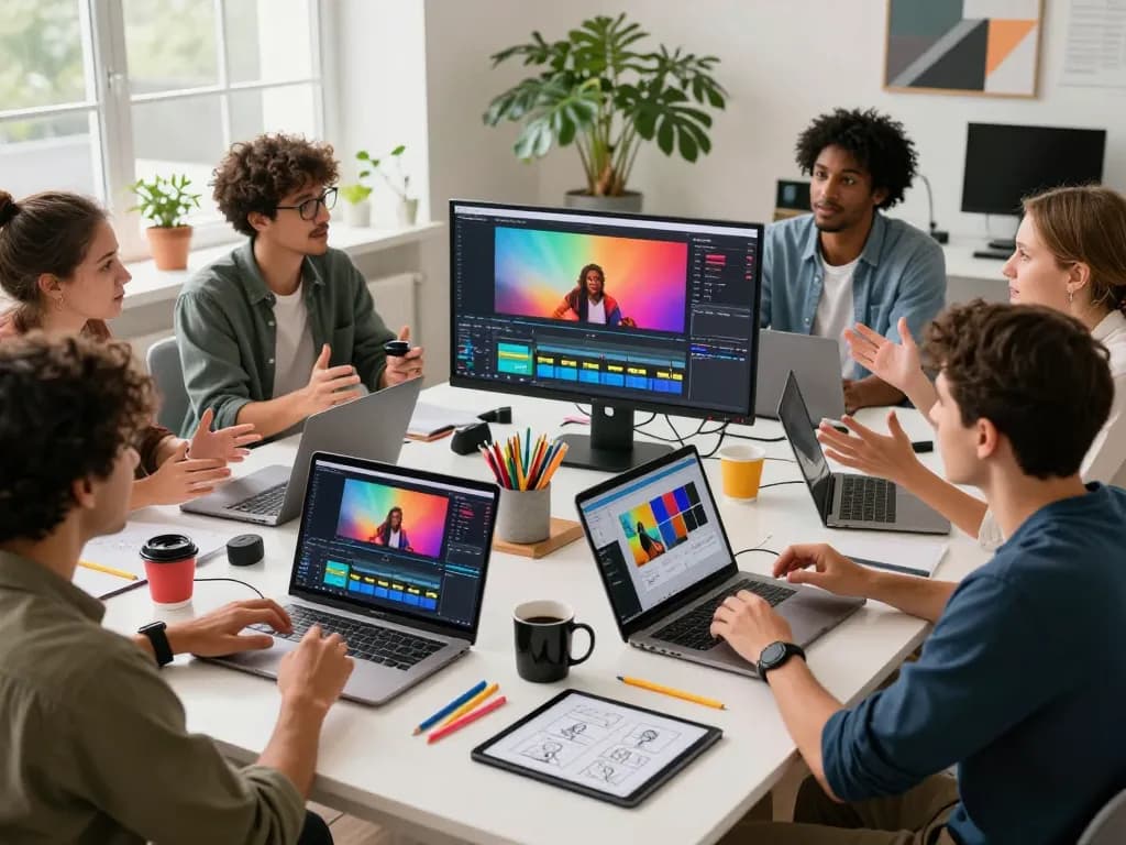 Team collaborating on video projects using Seedance 2.0 in a bright digital workspace.