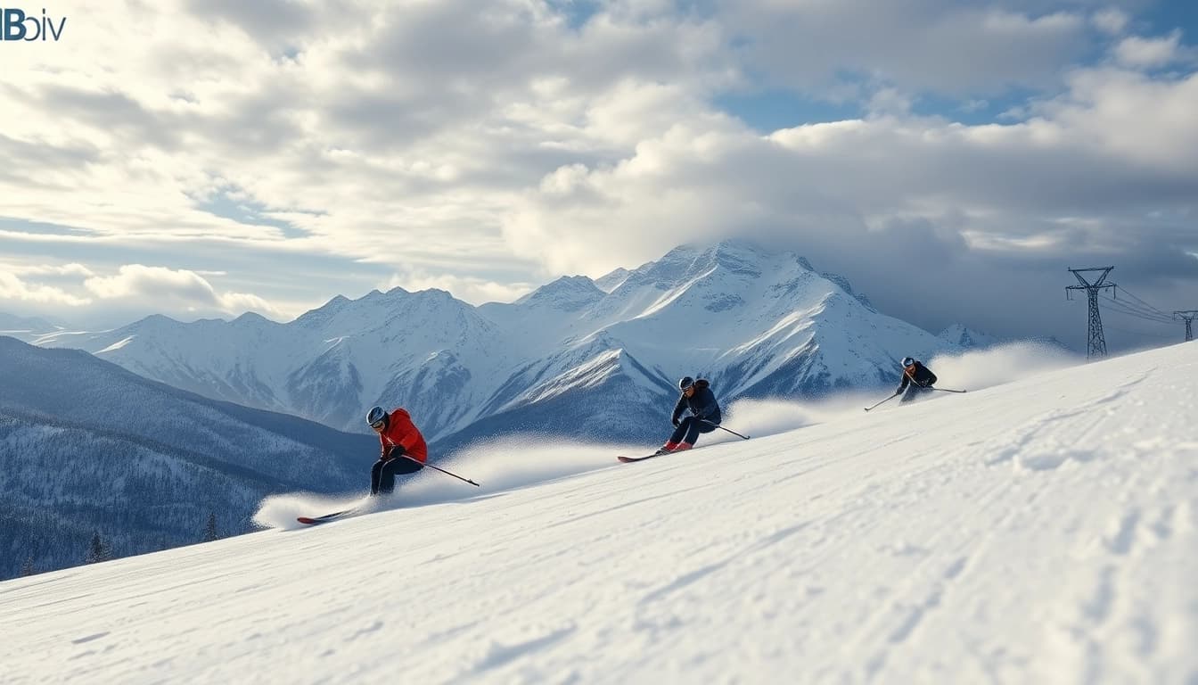 Skiers navigating through a Blizzard, showcasing speed and excitement on snow-covered slopes.