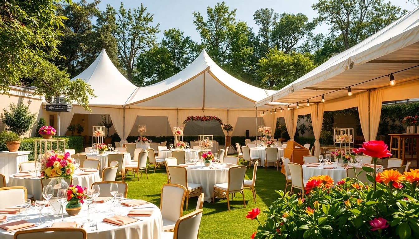 Transform your next event with these stylish Event Rentals, featuring elegant tents and vibrant decor.
