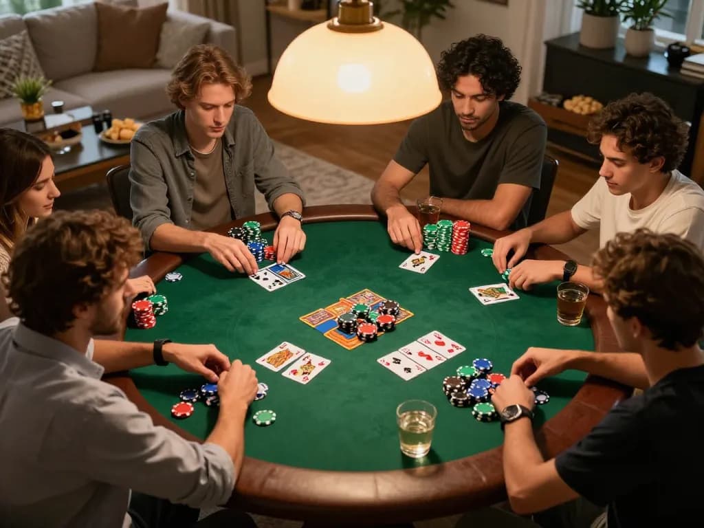 Friends engaged in an intense poker game at home, showcasing strategic play and the excitement of TG88 gaming night.