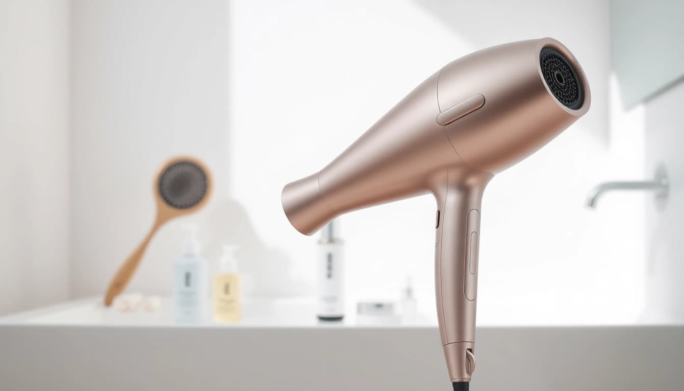 Beauty routine featuring a hair dryer for frizzy hair and tools in an elegant bathroom.