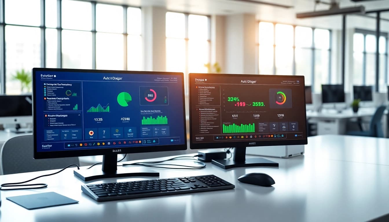 Optimize sales with an advanced auto dialer displayed on sleek monitors in a modern workspace.