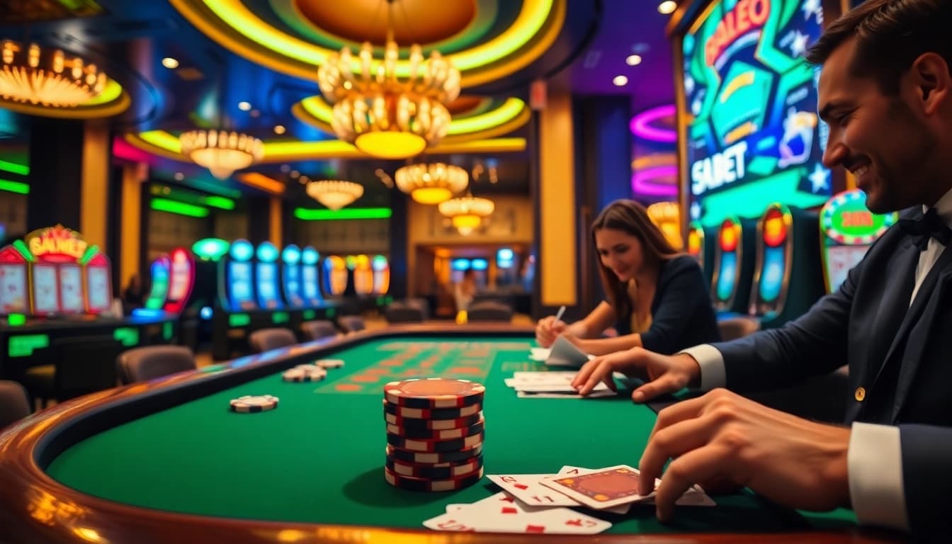 Experience the thrill of 54BET with vibrant slot machines, poker chips, and players engaged in exciting games.