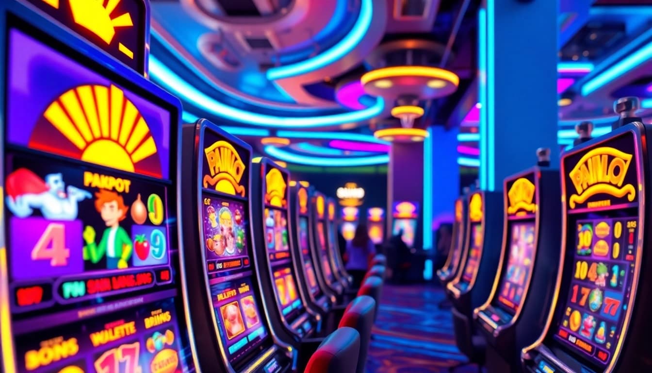 Permainan diantogel slot yang menarik dengan mesin slot berwarna-warni dan suasana kasino yang ceria.