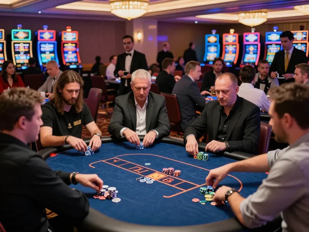 SHBET players engaging with poker chips in a bustling casino during a tournament event.
