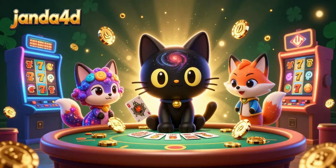 Menangkan jackpot di janda4d dengan karakter kucing hitam berputar dan mesin slot penuh warna.