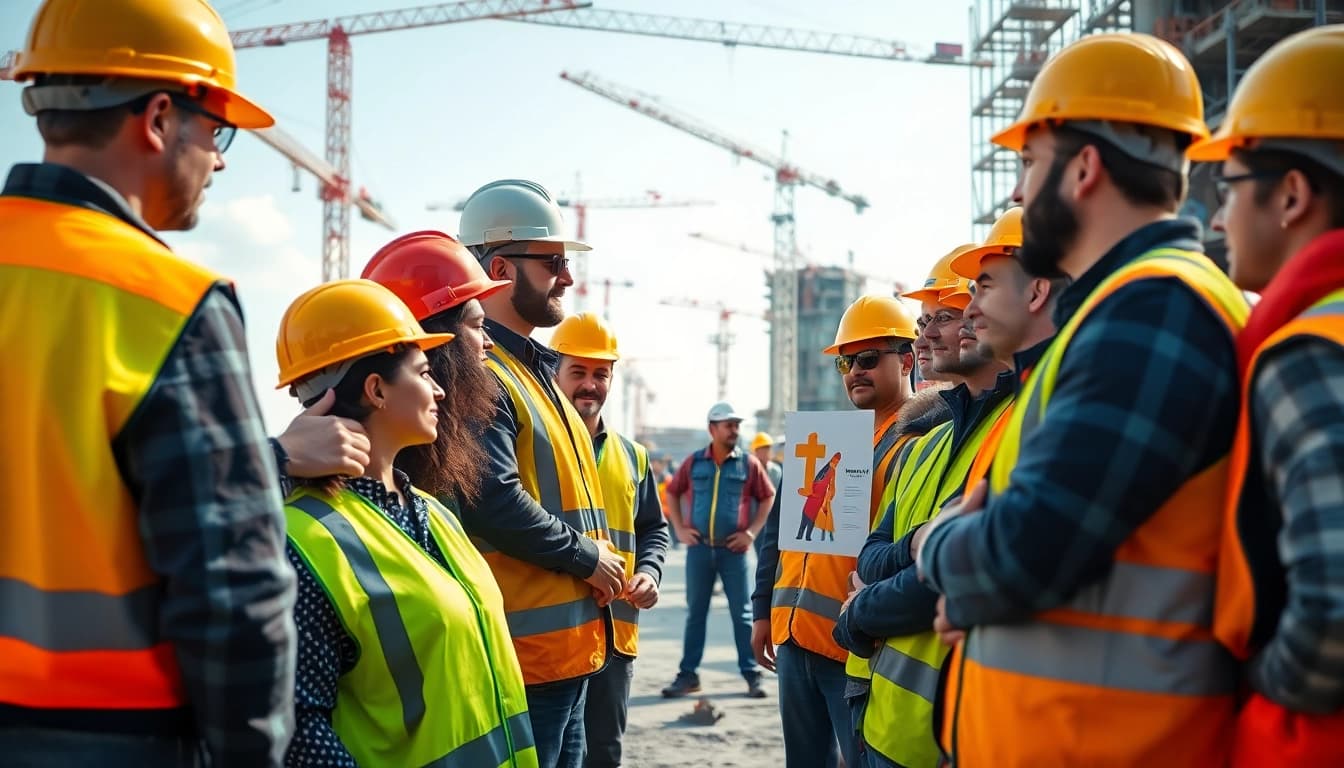 Construction safety training session with engaged workers on a busy site emphasizing teamwork.