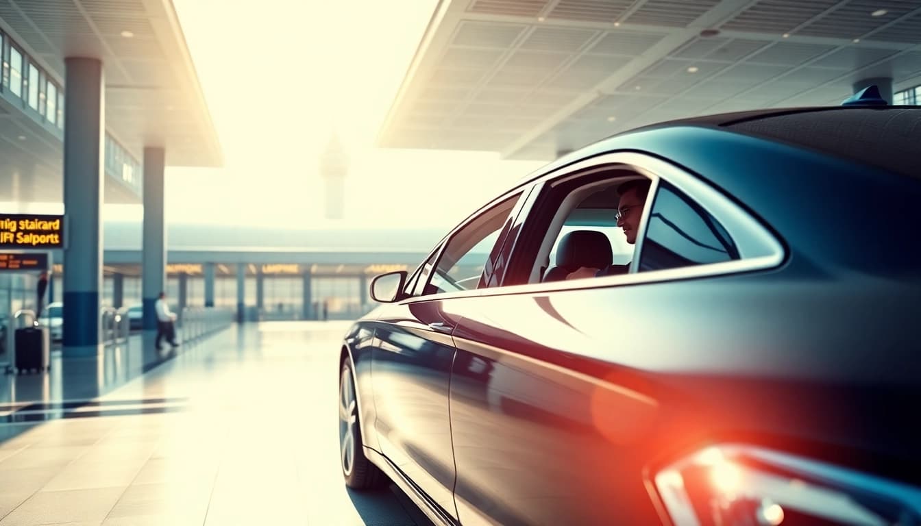 Jfk car service features professional chauffeur waiting at the airport with luxury sedan.