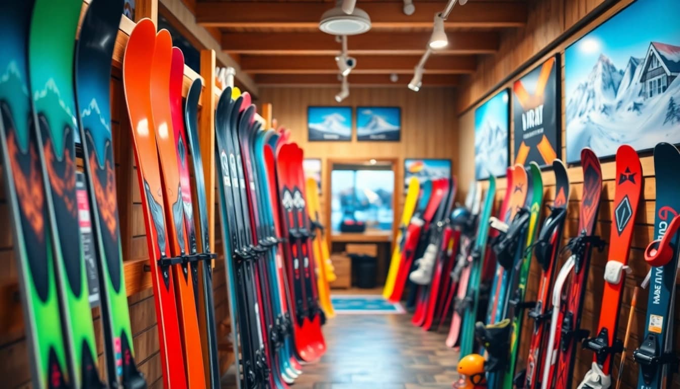 Ski shop Salem, NH featuring colorful ski and snowboard displays in a cozy environment.