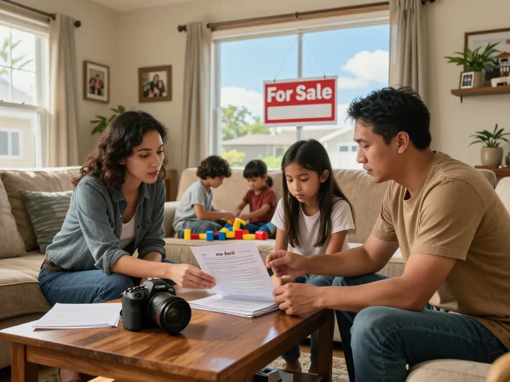 Families selling their home, discussing ways to sell my house fast for cash in a warm living room.